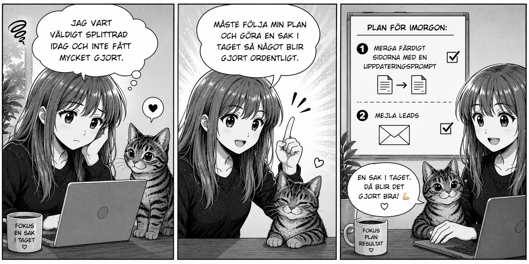 Manga om att vara splittrad, behöva följa sin plan och göra en sak i taget för att få något gjort ordentligt