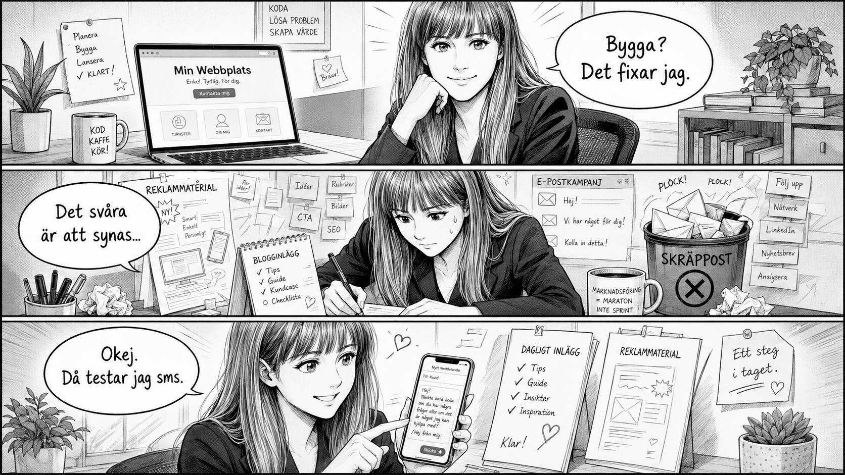 Manga om att bygga hemsida, skapa reklammaterial och testa personliga sms när mejl hamnar i skräpposten