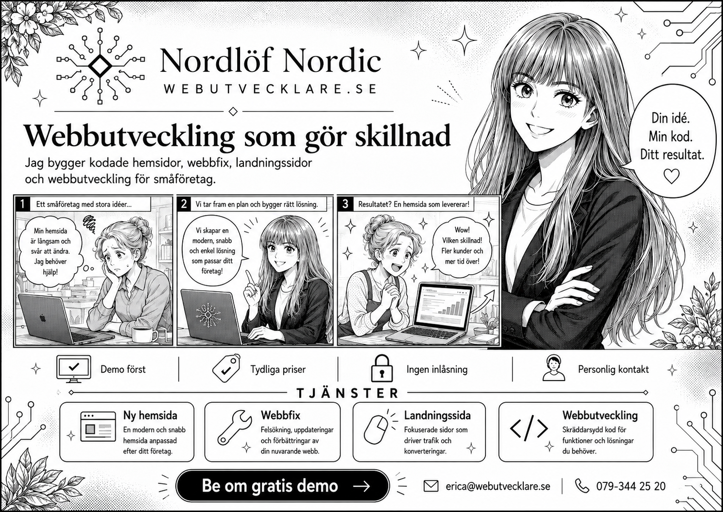 Webbutveckling för småföretag. Demo först, tydliga priser, kodad hemsida och ingen inlåsning.